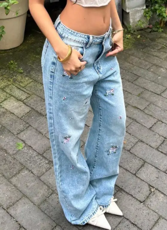 جينز جينز مطرز على الطراز الصيني الجديد للنساء، نمط أوائل الخريف، بنطال تنحيف واسع الساق مستقيم الساق #2