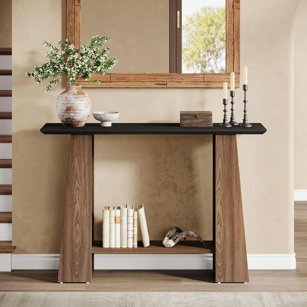 47.24 Console Table for Entryway, Mid-Century Modern 2-Tier Narrow Wooden Sofa Table Behind Couch with Storage Shelf