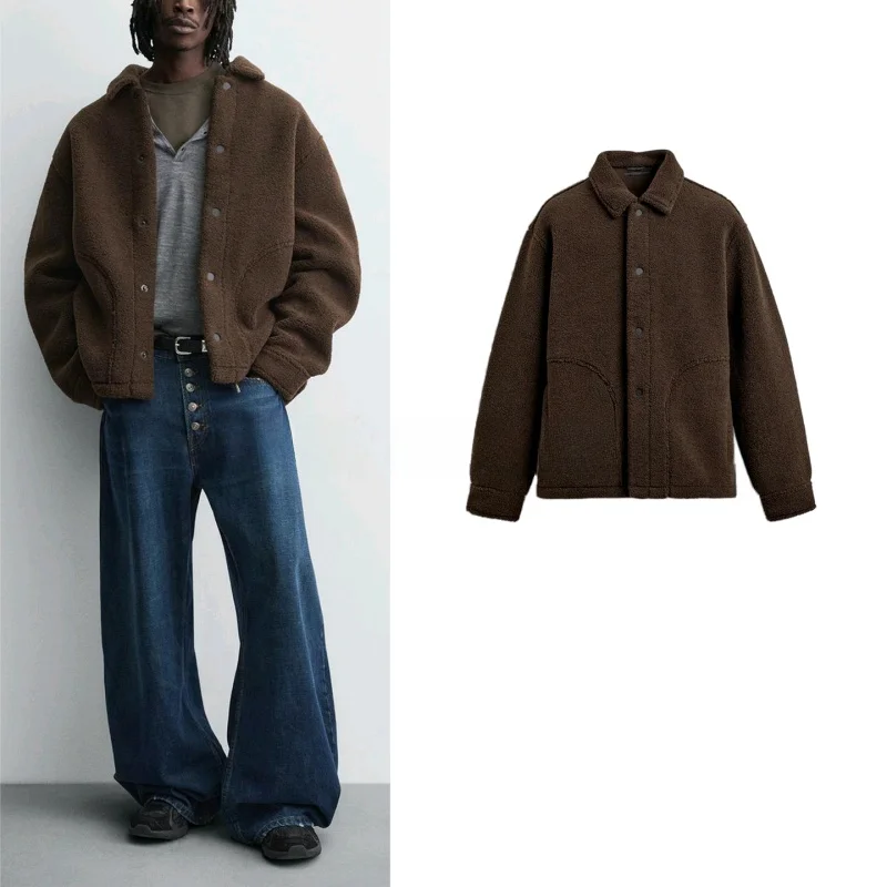 

Loose Fit Long Sve Fce Lined irt Jaet New Autumn Men's Faion Turn down Collar Outerwear Polyester Youth Casual