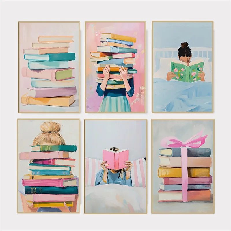 Book Lover Poster Pastel Modern Girl Reading Illustration Canvas Painting Aesthetic Wall Art Library Study Room Home Decor Mural
