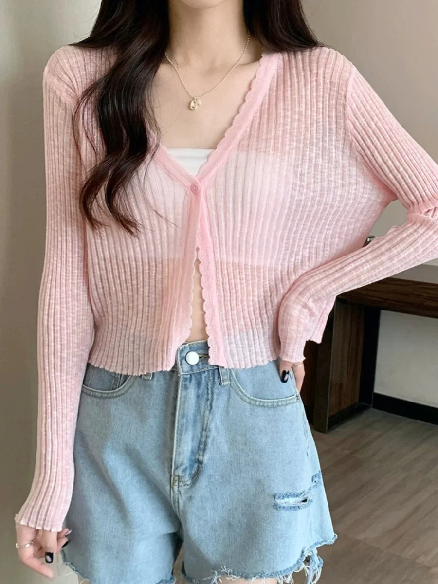 Sommer lose gestrickte Eis Seide lange Sve offene Strickjacke Damen Klimaanlage Top dünne Sonnenschutz V-Ne Casual Sle