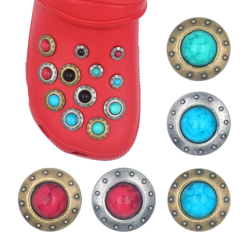 16 Pcs 1 Set КрокросыDecorations Shoe Accessories Charm Detachable Pines Simulated Turquoise Metal Hole Sandals Decorations Gift