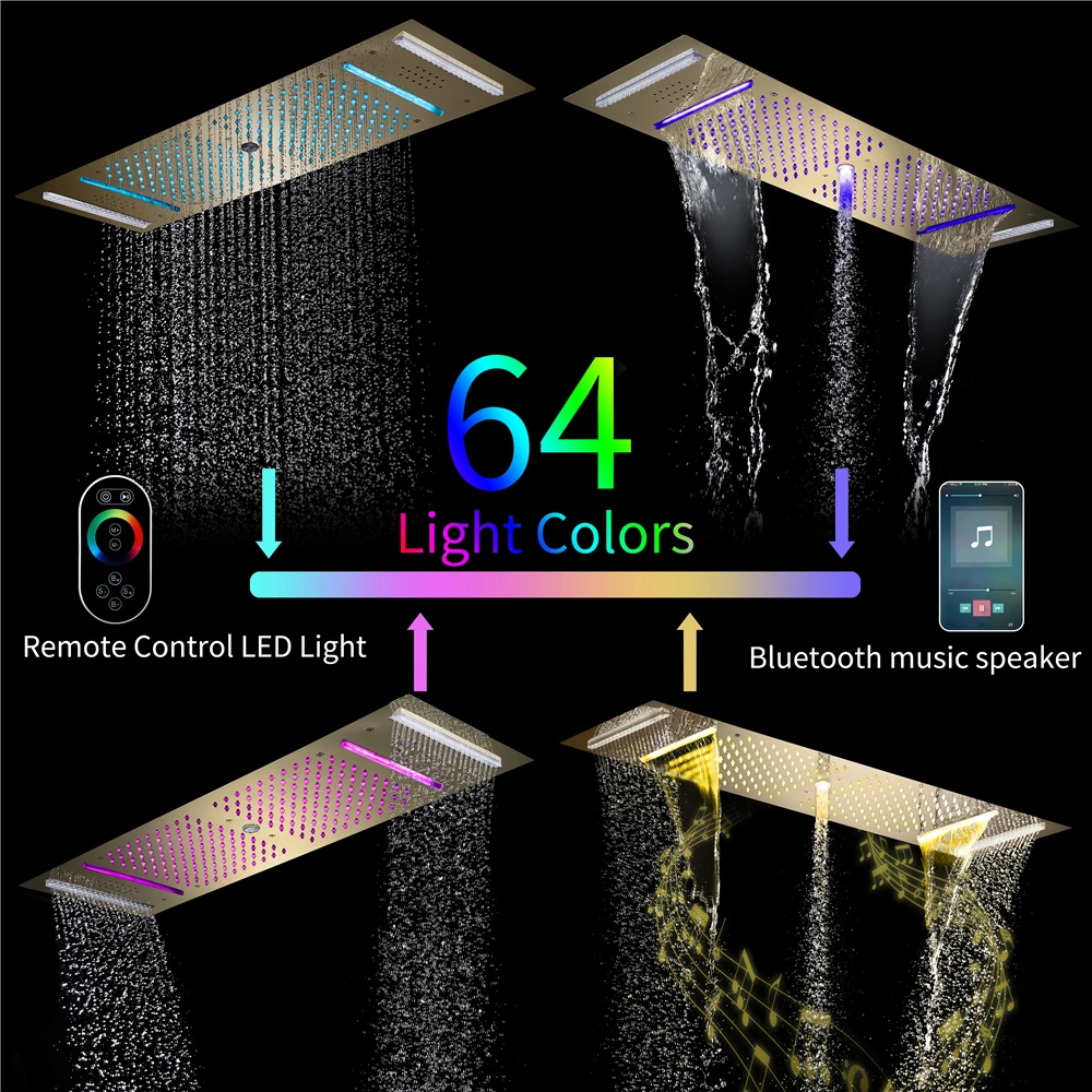 Juego de ducha termostática pulida para montaje en pared con válvula de latón, cabezal de ducha musical LED, patrones de pulverización de lluvia y masaje
