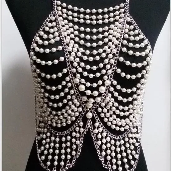 

European and American popular pearl beaded necklace body chain, jewelry for