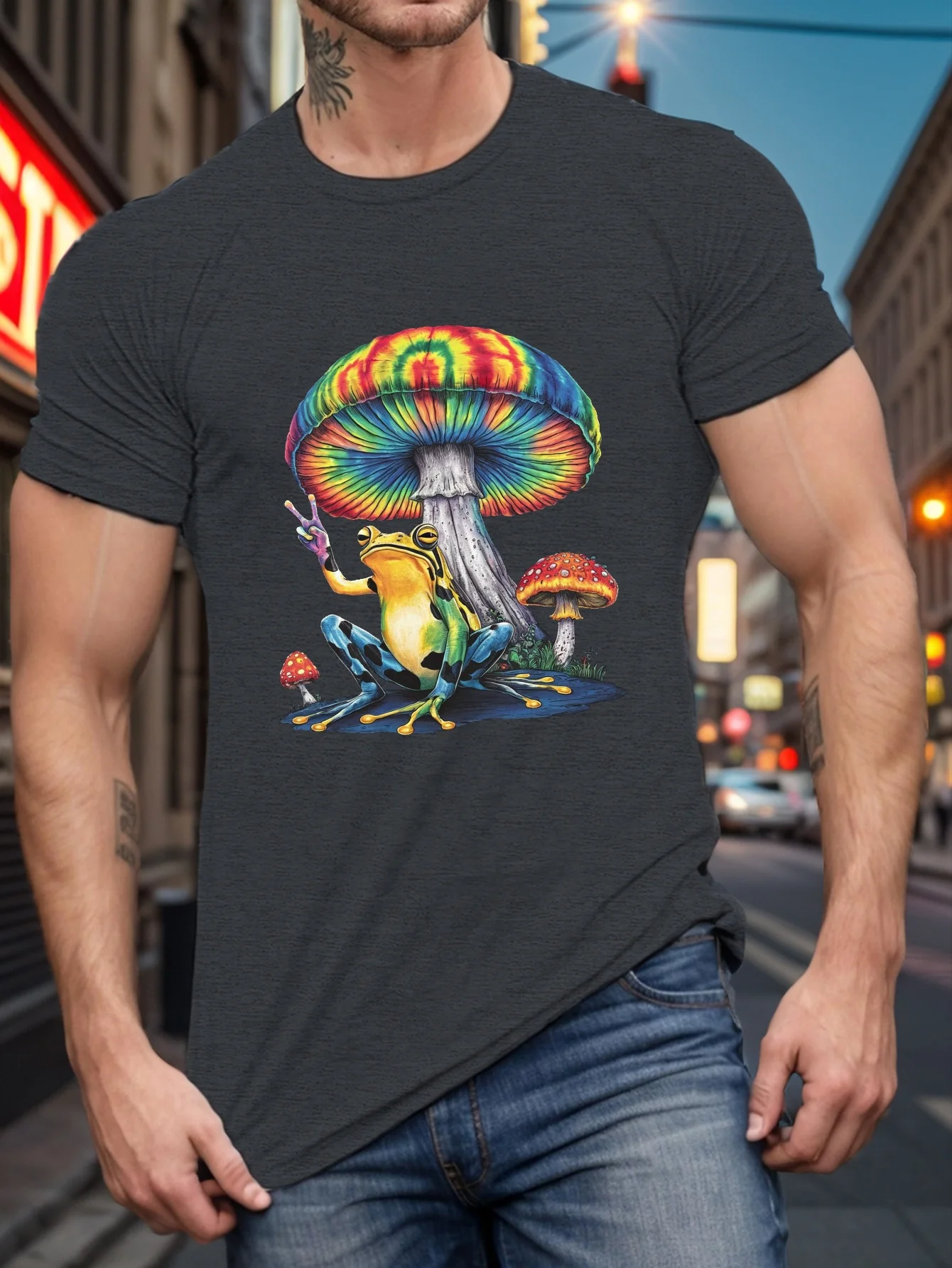 Psychedelic Frog Tie Dye Mushroom Graphic Tee Men Casual Cotton Short Sleeve T-Shirt