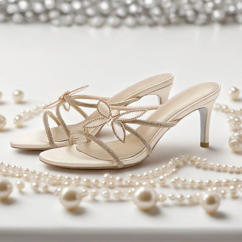 

2025 New Women's Fine Heel Sandals Round Head Diamond High Heel Sandals Bow Sandals Elegant Fine Heel Party Shoes