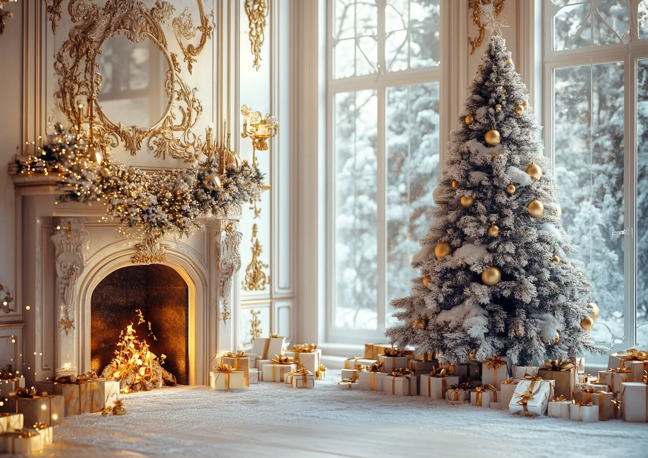 Latar Belakang Perapian Natal Bingkai Foto Barlot Emas Dekorasi Latar Belakang Lilin Pohon Natal Studio Foto Keluarga Anak-anak