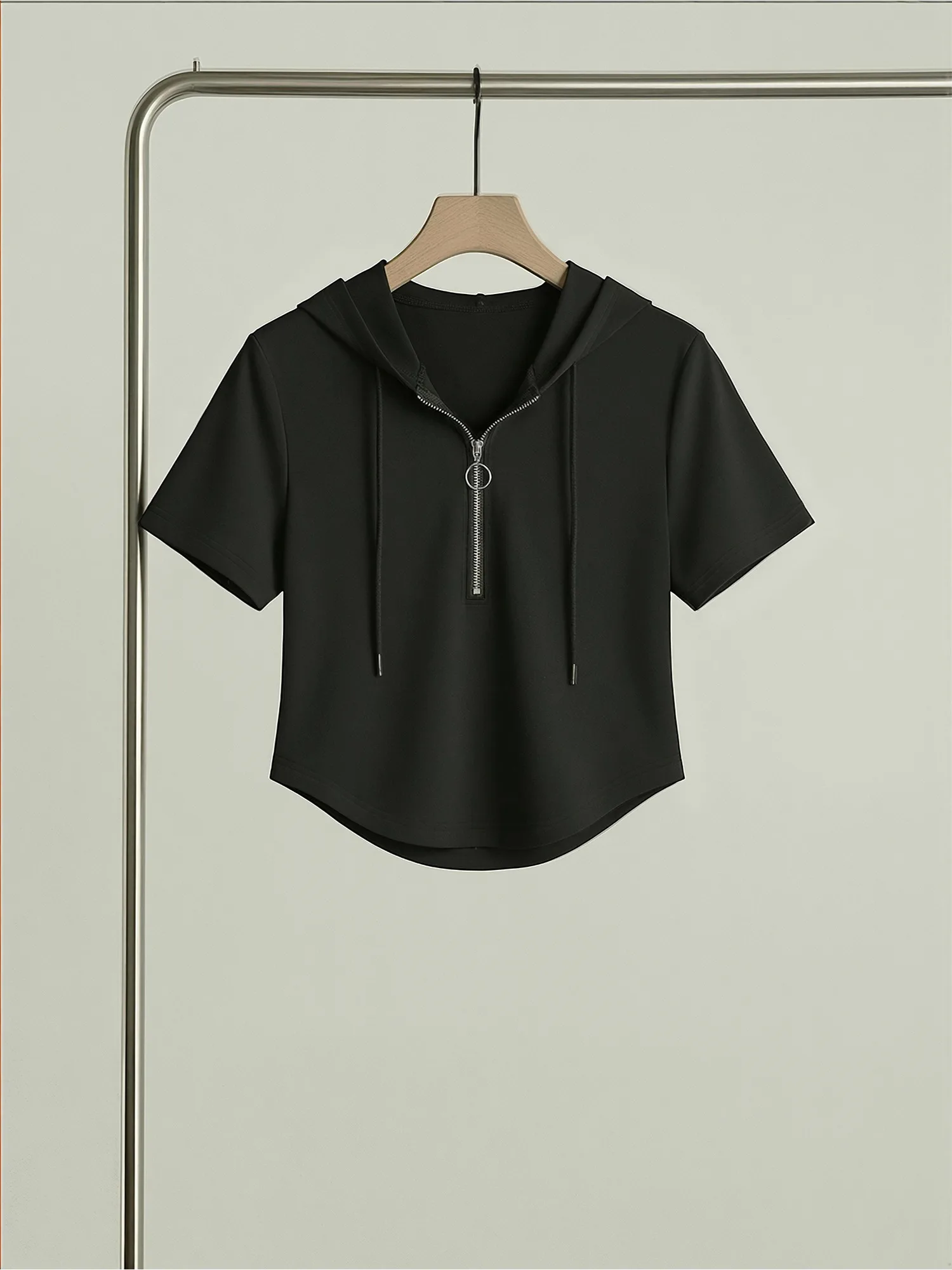 Women Outdoor Daily Short Sleeve Hooded Pullover Half Zipper Ring Pull Curved Hem Cropped Loose Solid Black Casual T‑Shirts
