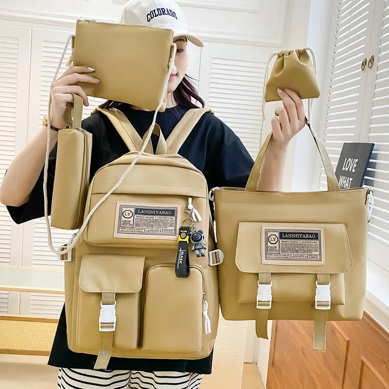 5pcs/set Backpack Simple Large Capacity Travel Backpack Junior High School Student High School Student School Bag