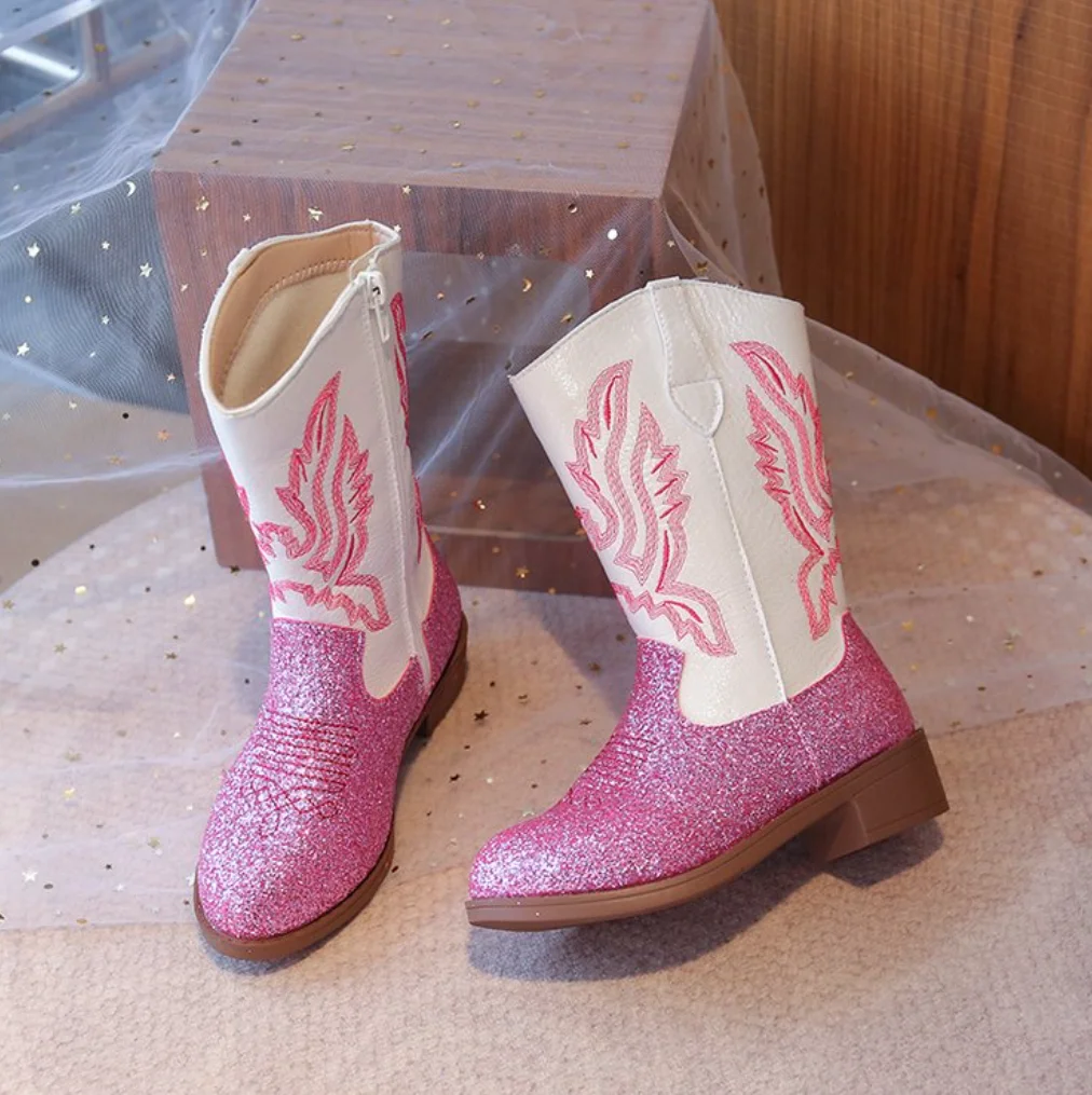 Girls Embroidery Boots Toddler Snow Mid Calf Glitter Western Cowboy Boot 2026 Autumn Kid Riding Girls Boot Kids Princess Shoes