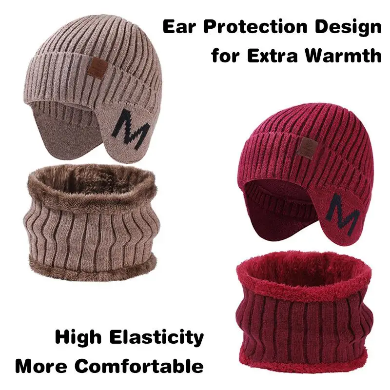 Gorro de invierno de punto Unisex, bufanda forrada de lana, calentador de cuello grueso, gorro de calavera cálido con protección para los oídos para hombres y mujeres