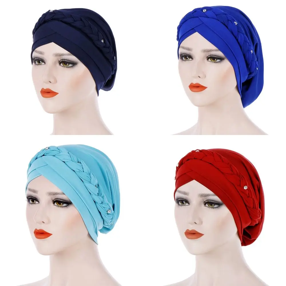 Braid Turban Hat Muslim Headpiece Underscarf Hair Cover With Diamon Islamic Turban Muslim Turbante Head Scarf Women's Hijabs