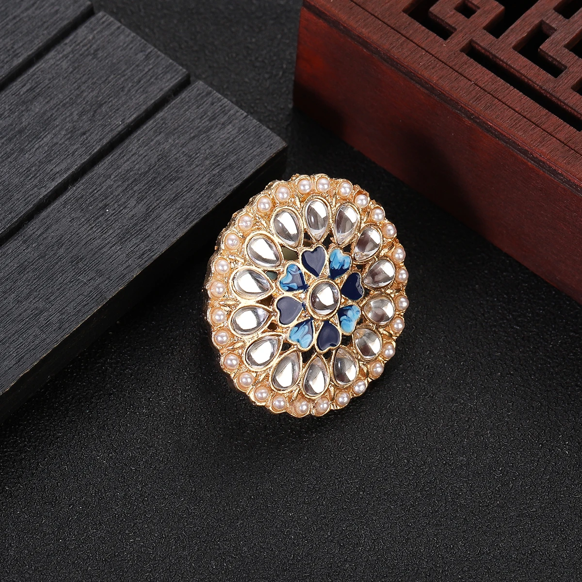 Luxury CZ Zircon Flower Rings Indian Jewelry For Women Retro Pearl Finger Ring Banquet Wedding Jewelry Female Gifts