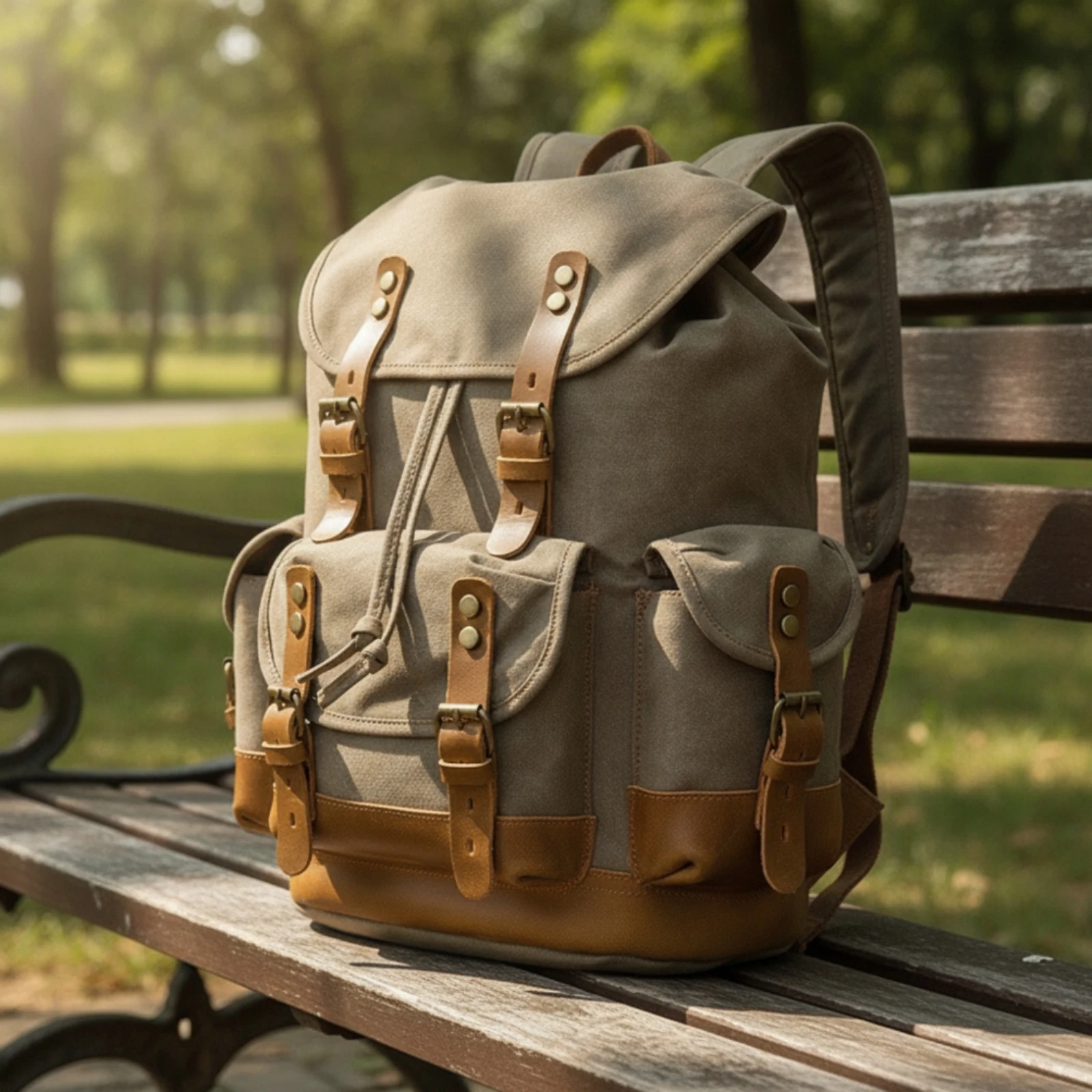 Canvas Backpack Utilitarian Backpack with Pockets Rucksack Casual Reinforced for Students, Everyday Carry, Commuting