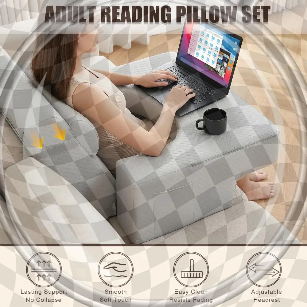 

Ergonomic Rest Back/Neck Support Reading Pillow Set Lap Desk Pillow with Arms & Pockets for Working Playing Game and Bed Floor
