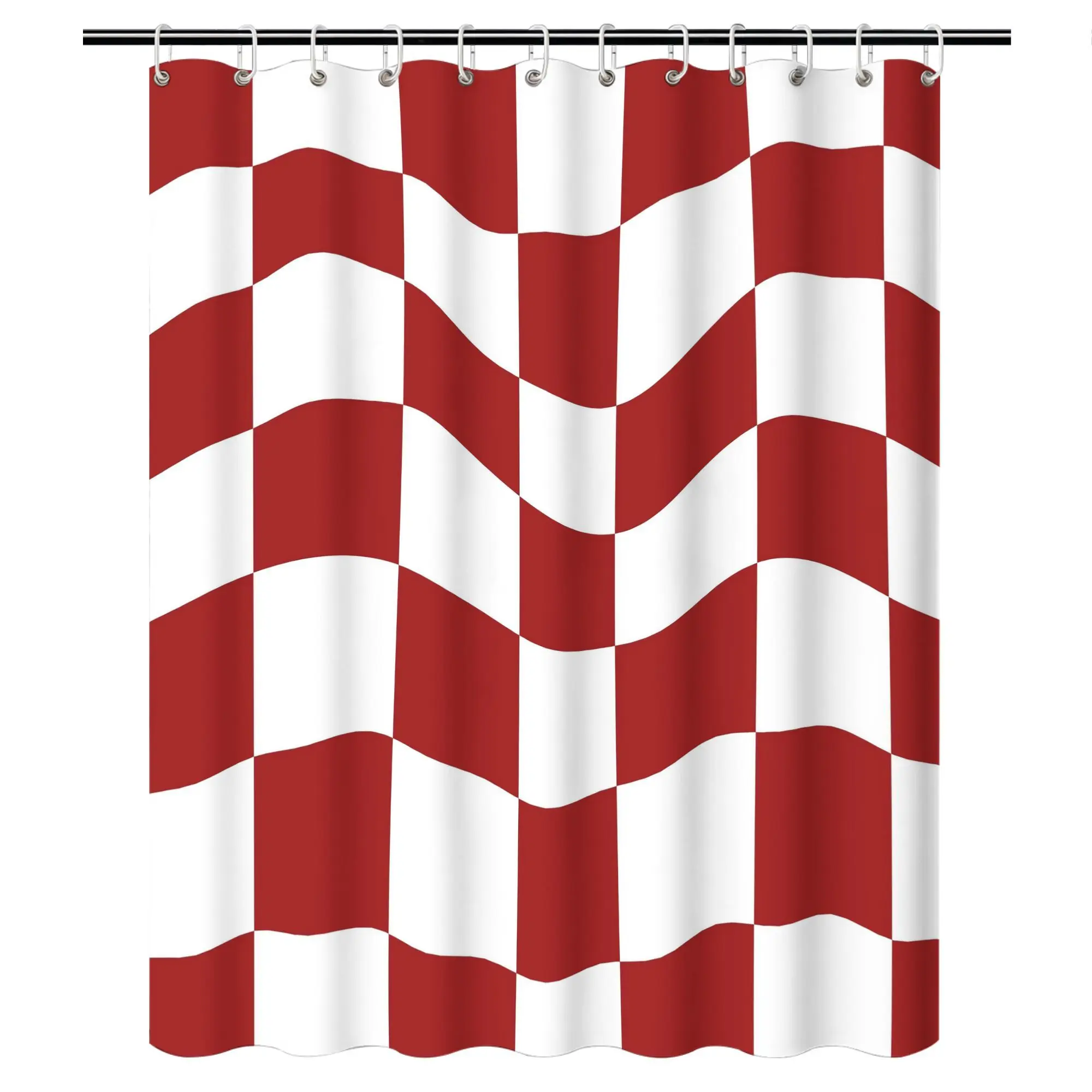 Wavy Red & White Checkerboard Shower Curtain – Optical Illusion Design 70.87x70.87 Inch Modern Guest Bath Decor