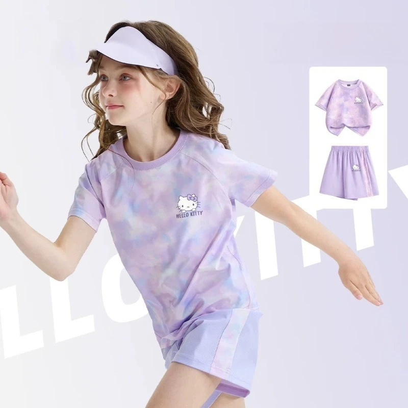 

Детский быстросохнущий костюм с героями мультфильмов Sanrio Hello Kitty, летний, приятный на ощупь, удобный, для отдыха, с короткими рукавами и шортами