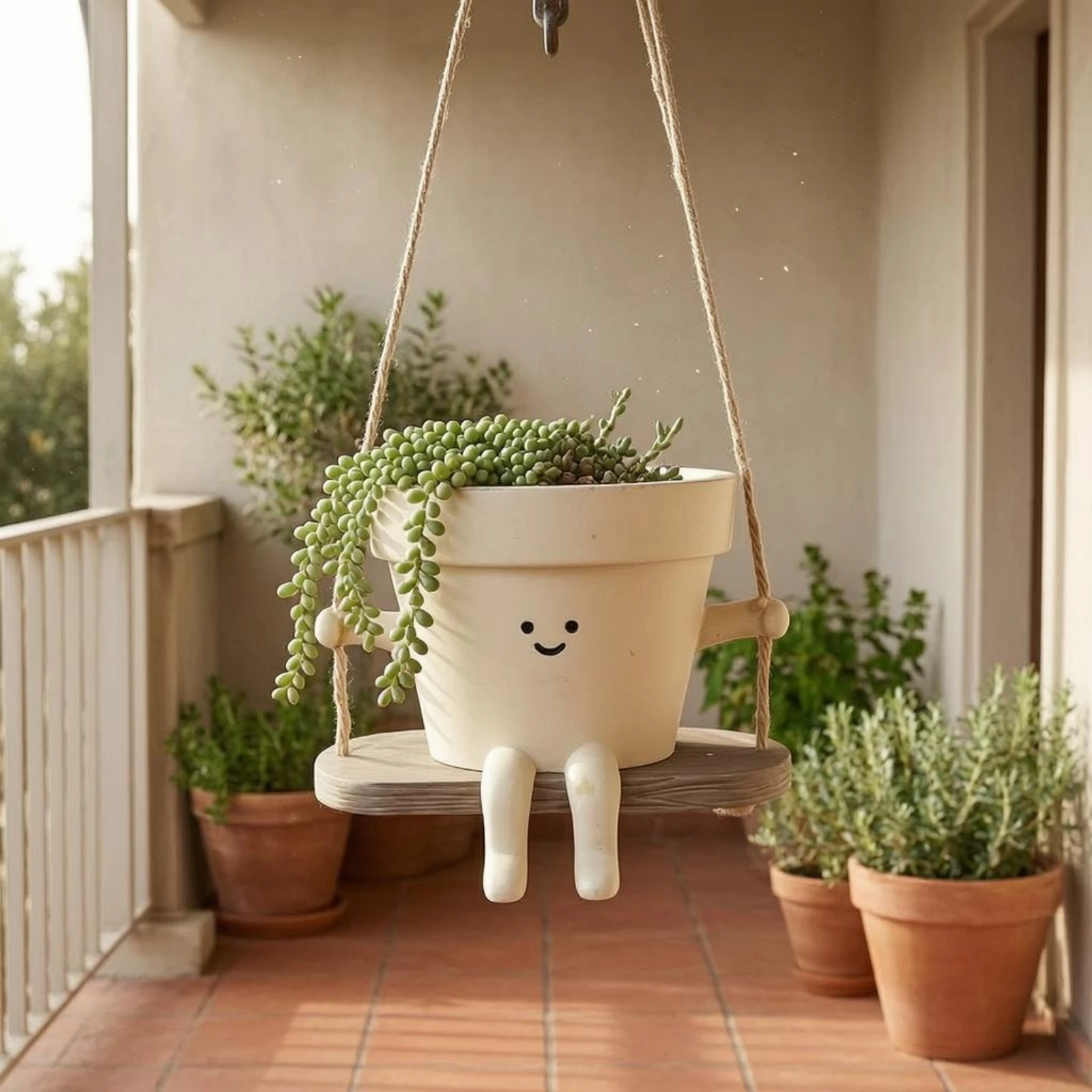 Smiling Character Hanging Planter Printed Face Decor Piece Lisse Finish for Home Relaxing Space