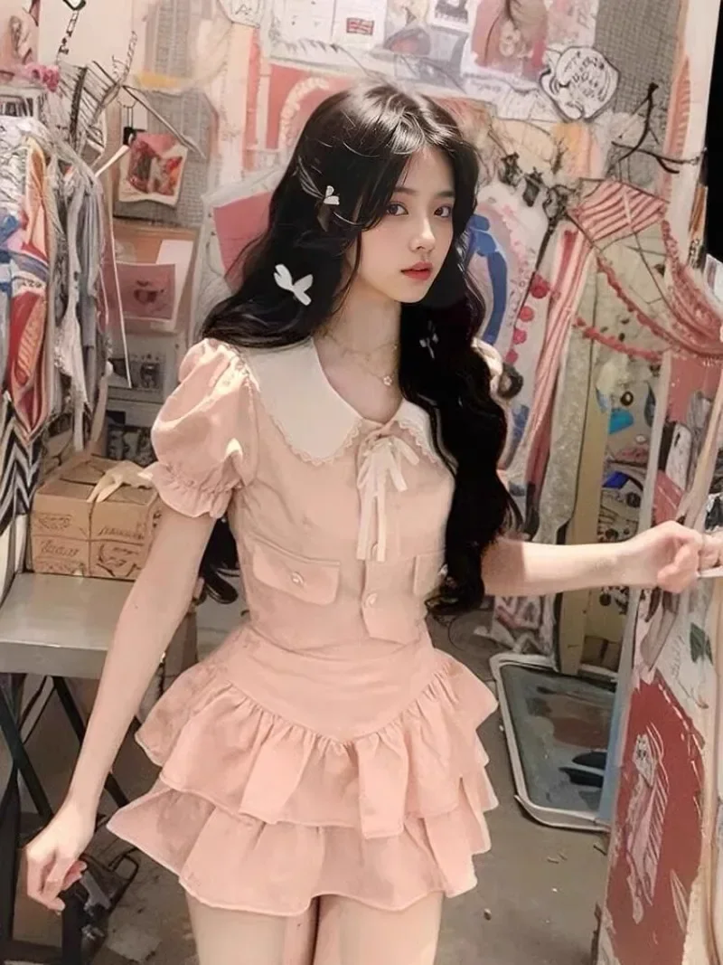 Korean Sweet Doll Collar Top Cake Skirt Two-piece Set Women Bubble Sleeve Single Breasted Ruffle Edge Splice College Summer Wear