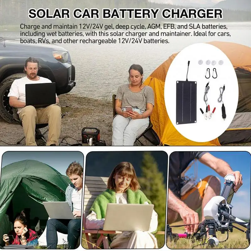 Solar Car Battery Charger 12V/24V Waterproof Solar Battery Maintainer Plug And Play Solar Panel Trickle Charging Kit Accessories