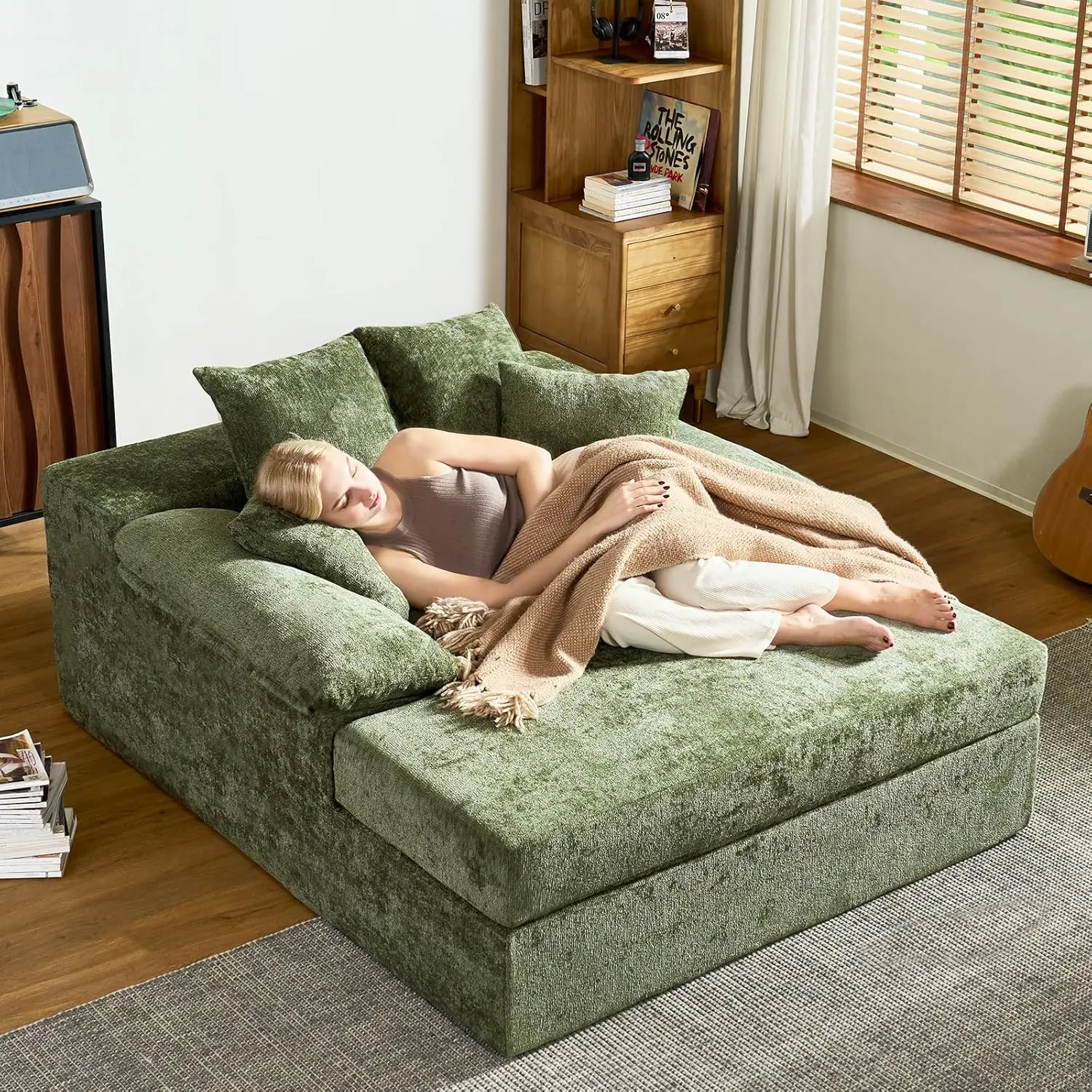 

68" Chenille Chaise Lounge Sofa Bed Deep Seat Sleeper with Armrest 4 Pillows Living Room Customized