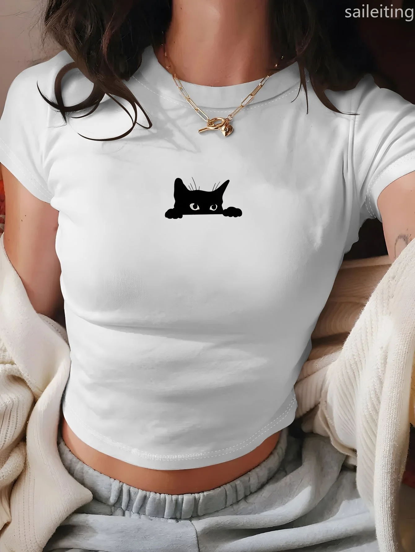 Women'S Fashionable Black Cat Graphic Crop Top Casual Elegant Wear Harajuku Sleeve Casual Clothing Street Aesthetic Clothes