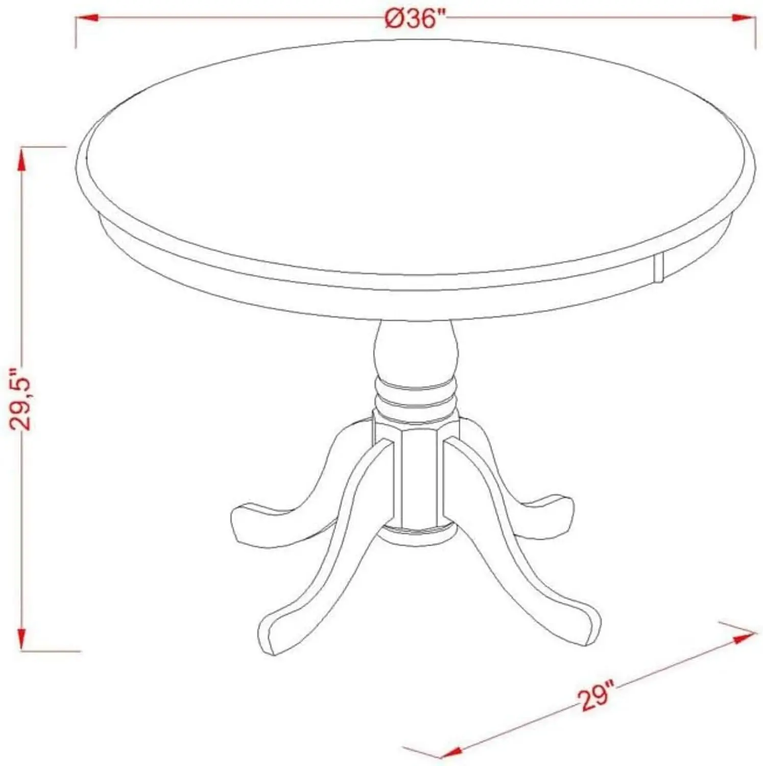 Mesa redonda de madera para comedor antiguo, Base de Pedestal, 36x36 pulgadas, color negro cepillado por alambre