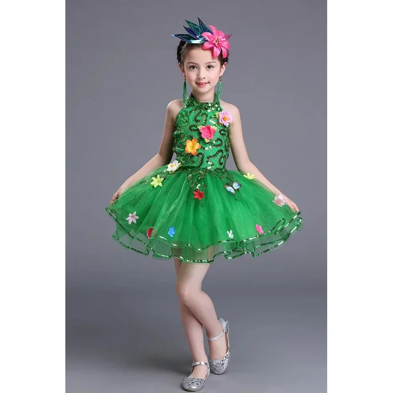 

ff34ЗЕЛЕННАЯ юбка для латинских танцев для девочек, детское современное платье с рисунком травы и жасмина