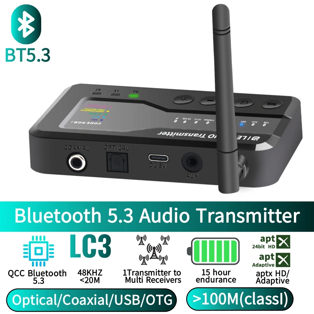 Bluetooth 5.3 Audio Transmitter, 80M Distance, AptX Adaptive, HD LC3 Wireless Broadcast, 1 to N Receiver, OTG USB, Coaxial AUX