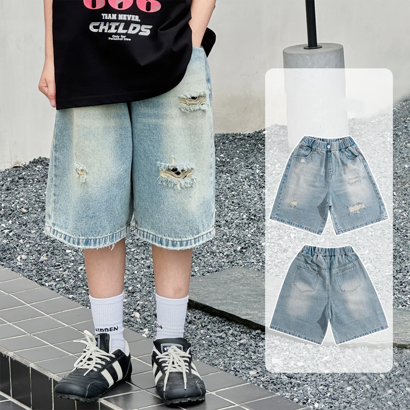 

Baby Boys Shorts Tween Boys Casual Knee-Length Jeans Teenage Child Blue Denim With Hole Design Toddler Short Trousers Ages 4-14Y