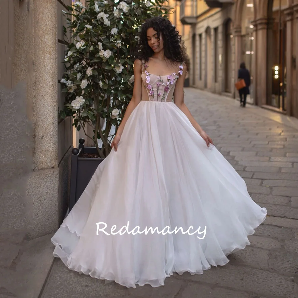 

Redamancy Simple Scoop Collar Appliques A-LINE Tulle Wedding Dresses Spaghetti Straps Zipper vestidos de novia Bridal Gown 웨딩드레스