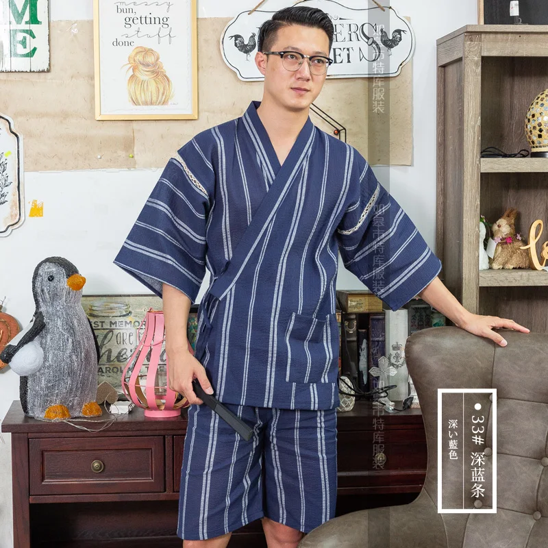 

100%Cotton Men's Kimono Yukata Summer Japanese Male Home Youth Traditional Short-Sleeved Suit Cotton Thin 2PCS/SET