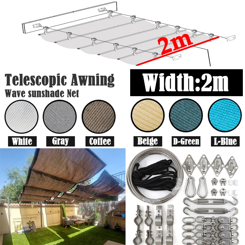 Width 2m Telescopic Sunshade Net Outdoor Awning Courtyard Pergolas UV Resistant Shade Fabric Garden Gazebo Shade Sail Car Shed