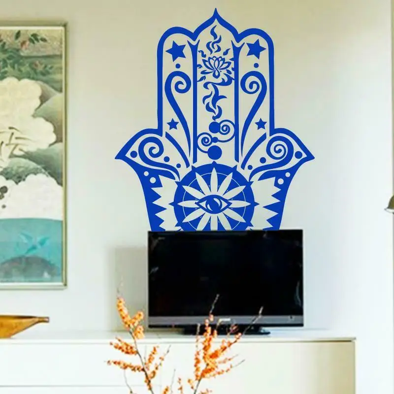 Art Home Decor Hamsa Hand Wall Decal Vinyl Fatima Yoga Vibes 3D Wall Sticker Fish Eye Decals Indian Buddha Lotus Pattern Mural