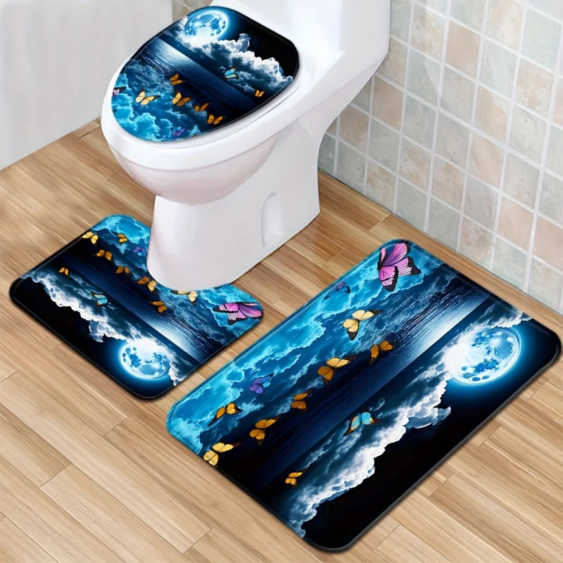 1/3pcs Moonlight Sea Butterfly Pattern Floor Mat Set, Toilet Cover Rug, Bathroom Rug, Toilet Water Absorbent Door Mat, Non-slip