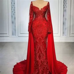 Vintage Red Long Sleeves Sweetheart Formal Evening Dress Elegant Applique with Satin Train Prom Dress Vestido De Fiesta