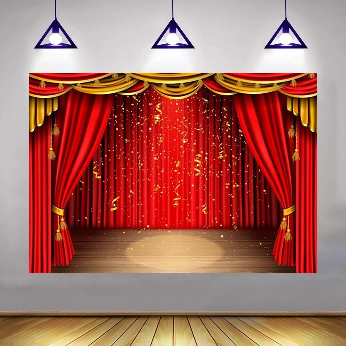 7x5ft Theater Stage Backdrop Circus Curtains Photography Background Spotlights Wooden Floor Festival Celebration Birthday Party