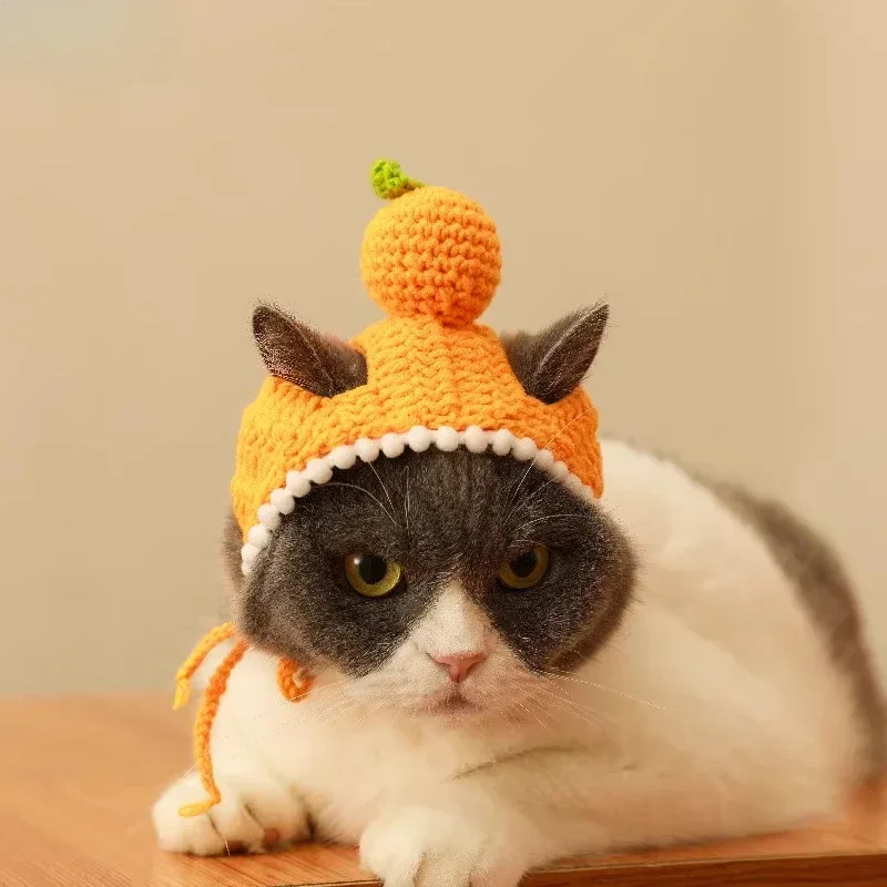 

Hand-knitted Pet Cat Hat Cute Fruit Series Peach Strawberry Orange Shape Handmade Pet Hat Suitable for Pet Photo Taking