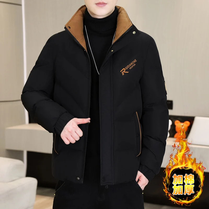 

Men's Thiened Winter Cotton Jaet Stand Collar down Filled Warmth Youth Casual Long Sve Zipper Coat Bla Coat