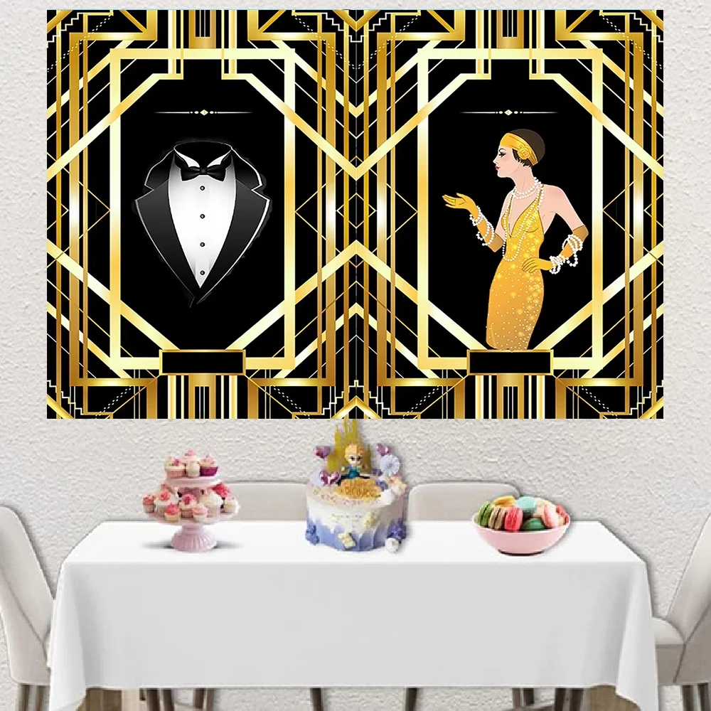 ﻿ Gatsby Theme Wedding Newborn Party Supplies Golden Black 1920s Retro Art Vintage Dance Jazz Portrait Photography Background