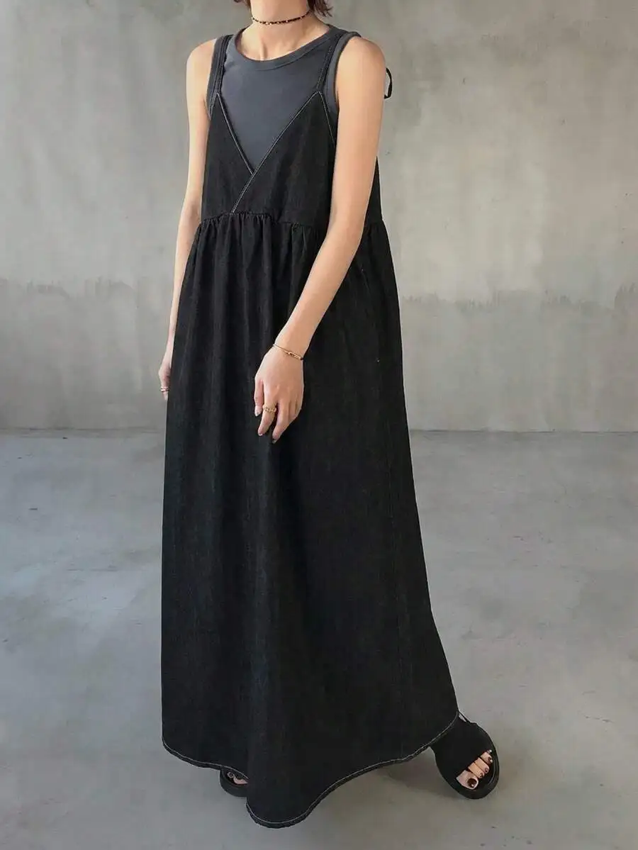 

Women Casual Denim Pinafore Dress Sleeveless Loose Fit Full Length