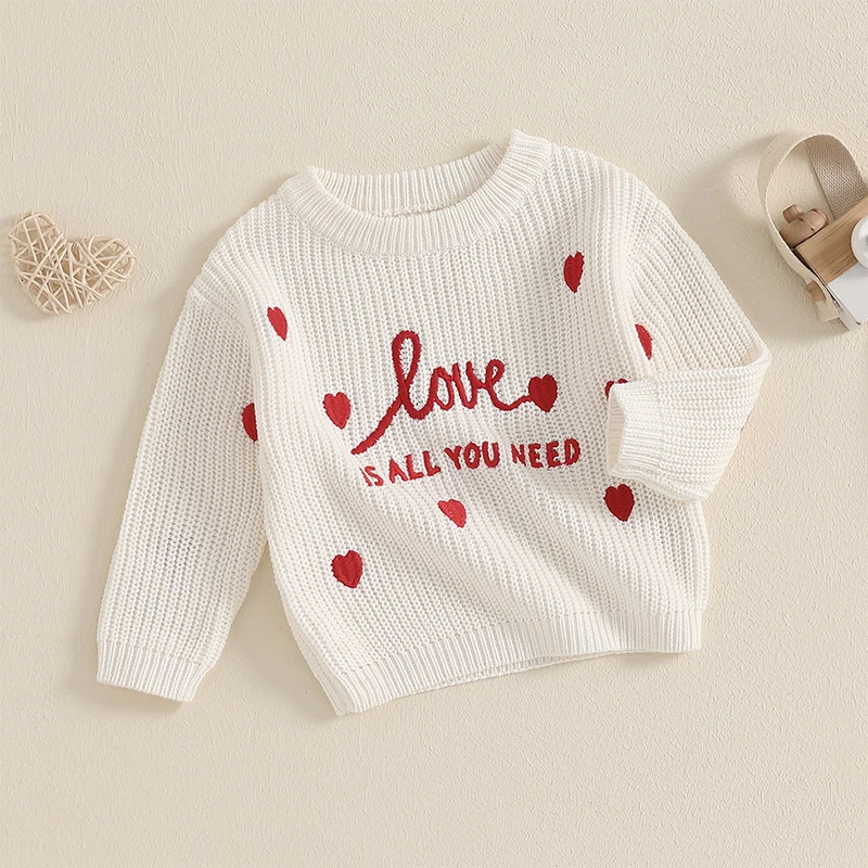 Blotona Toddler Girls Sweater, Long Sleeve Crew Neck Letter Heart Embroidery Warm Winter Sweater Valentine’s Day Pullover Top