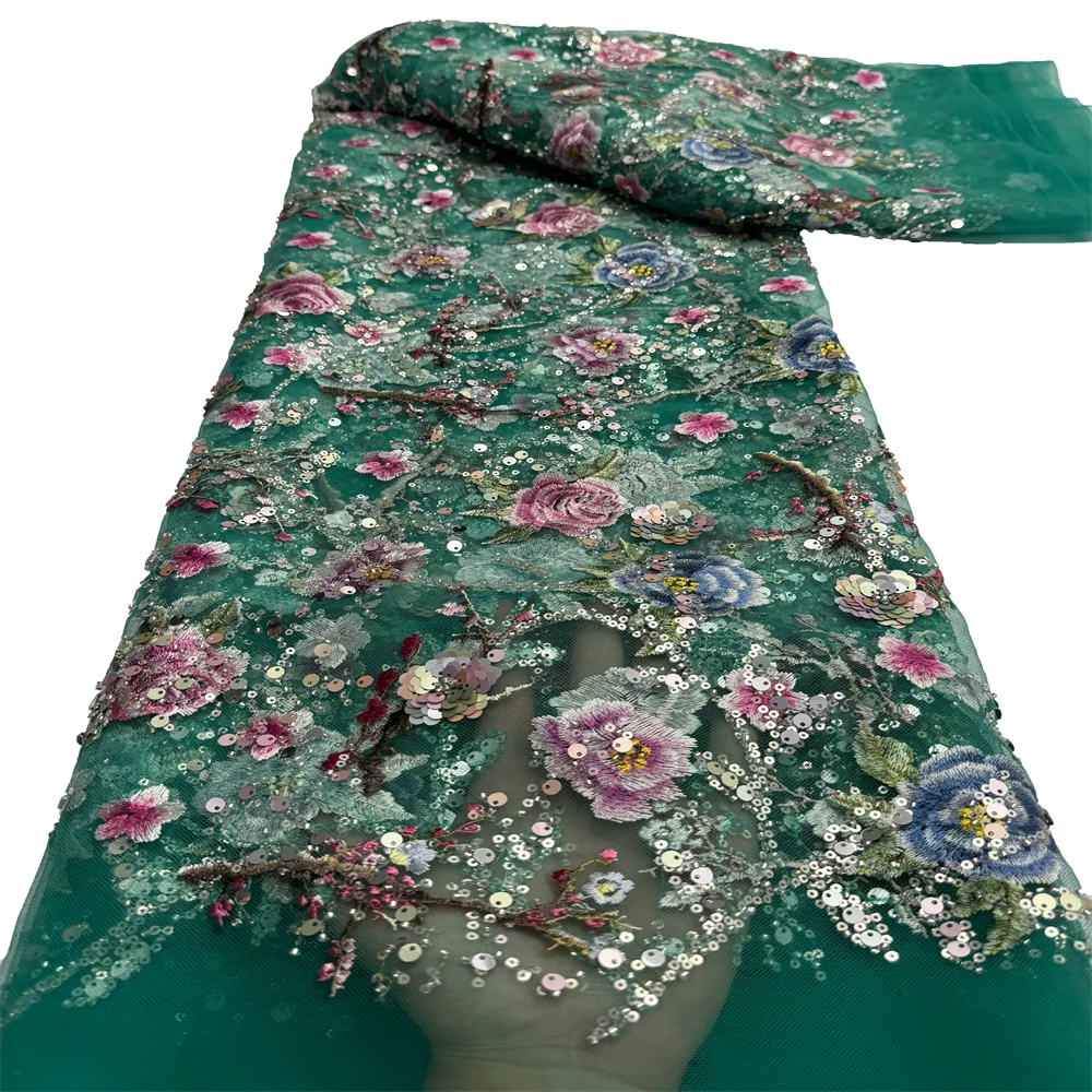 Afrikanische Pailletten Spitze Stoff hochwertige Spitze Stickerei Perlen Mesh Stoff 5 Meter für Frauen Hochzeits feier Kleid