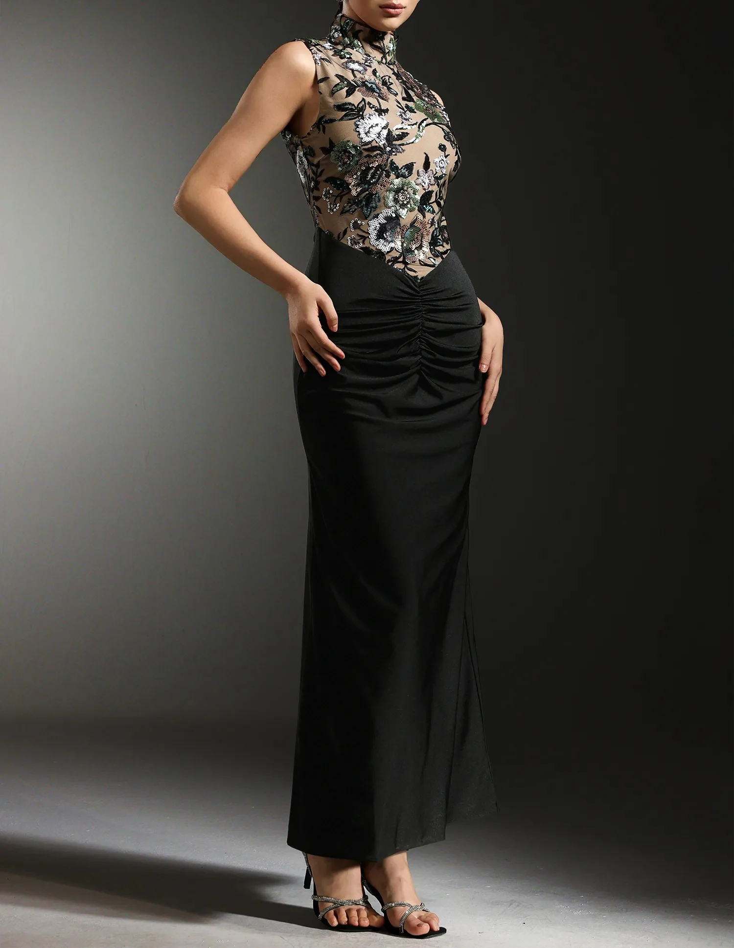 VC Black Sleeveless High Neck Maxi Dress –  Sheer Mesh Gown with Floral Sequin Embroidery for Formal Parties & Weddings