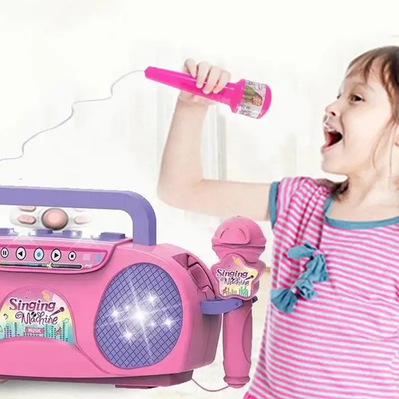 Macchina per karaoke per bambini Giocattoli per strumenti musicali con effetto di illuminazione Macchina per karaoke per bambini per adulti con microfoni e altoparlante