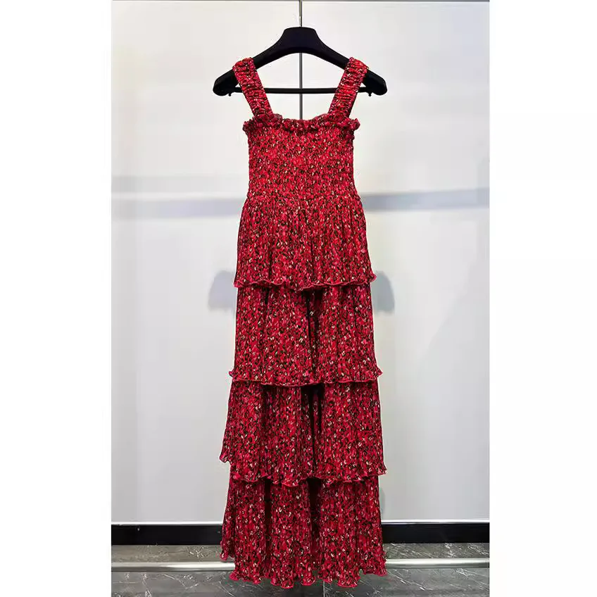 

Red Floral Print Camisole Dress for Women Spring Summer Holiday Ruffles Layered Elegant Female Suspenders Long Dresses