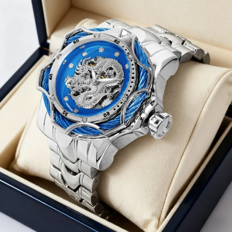 A men's silver blue street trendy cool fully automatic carved dragon pattern mechanical watch