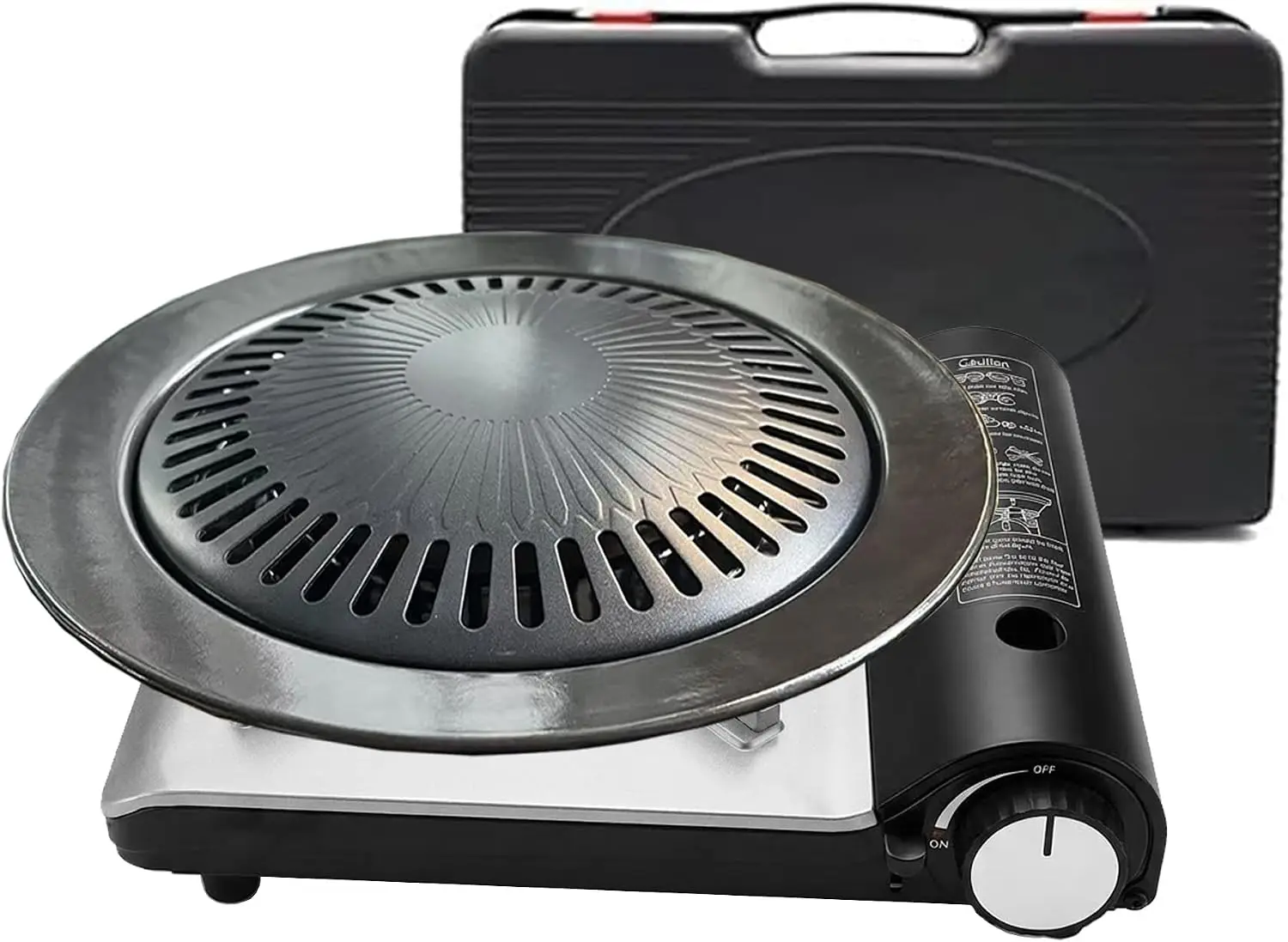 Portable Butane Stove and Detachable Grill Pan Combo with Safety Auto-Eject, Suitcase-Style Design for Picnics