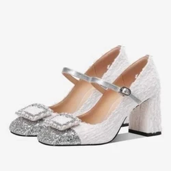Autumn new coarse heel shoes women's round head shallow mouth color diamond buckle anti-slip wear-resistant low-top shoes