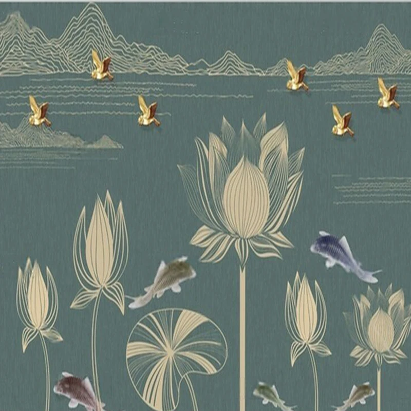

Modern abstract line mountain peaks birds lotus flowers carp TV luxurious home decoration bedroom background wall paper